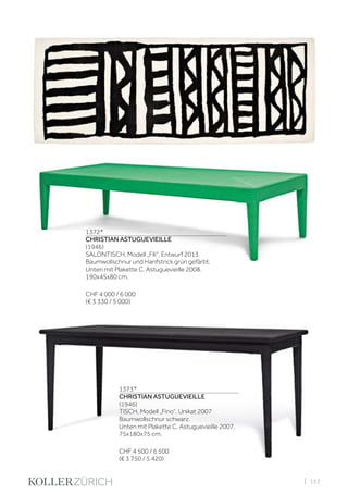 | 153
1373*
CHRISTIAN ASTUGUEVIEILLE
(1946)
TISCH, Modell „Fino“, Unikat 2007
Baumwollschnur schwarz.
Unten mit Plakette C. Astuguevieille 2007.
75x180x75 cm.
CHF 4 500 / 6 500
(€ 3 750 / 5 420)
1372*
CHRISTIAN ASTUGUEVIEILLE
(1946)
SALONTISCH, Modell „Fili“, Entwurf 2013
Baumwollschnur und Hanfstrick grün gefärbt.
Unten mit Plakette C. Astuguevieille 2008.
190x45x80 cm.
CHF 4 000 / 6 000
(€ 3 330 / 5 000)
 
