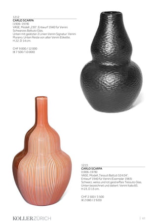| 83
1212
CARLO SCARPA
(1906-1978)
VASE, Modell „230“, Entwurf 1940 für Venini
Schwarzes Battuto Glas.
Unten mit geätzter 2 Linien Venini Signatur: Venini
Murano. Unten Reste von alter Venini Etikette.
H 22, D 14 cm.
CHF 9 000 / 12 000
(€ 7 500 / 10 000)
1213
CARLO SCARPA
(1906-1978)
VASE, Modell „Tessuti Battuti 524.04“,
Entwurf 1940 für Venini (Exemplar 1983)
Schwarz, weiss und rot gestreiftes Tessuto Glas.
Unten bezeichnet und datiert: Venini Italia 83.
H 23, D 13 cm.
CHF 2 500 / 3 500
(€ 2 080 / 2 920)
 