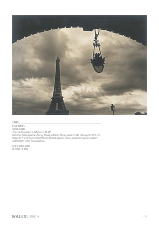 | 99
1786
ILSE BING
(1899-1998)
„Pont de Grenelle mit Eiffelturm, 1932“.
Getönter Silbergelatine-Abzug. Etwas späterer Abzug, datiert 1941. Abzug 25 x 33,5 cm;
Träger 27,7 x 35,3 cm. Unten links im Bild voll signiert. Verso zusätzlich signiert, datiert
und betitelt. Unter Passepartout.
CHF 2 500 / 4 000
(€ 2 080 / 3 330)
 