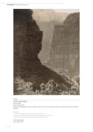 | 104
Photographie | Sammlung Fleischmann
1794
ALMA LAVENSON
(1879-1989)
Zion Canyon, 1927.
Getönter Silbergelatine-Abzug. Vintage. 29,8 x 22,2 cm. Verso signiert, betitelt und datiert. Unter Passepartout,
gerahmt.
Literatur:
- Photo-Era magazine, December 1927 issue (Cover).
- Ehrens, Susan. Alma Lavenson, Photographs. Berkeey, 1990, S. 12.
- 30 YEARS, Galerie Zur Stockeregg, Zürich, 2009 (Tafel 12).
CHF 5 000 / 8 000
(€ 4 170 / 6 670)
 