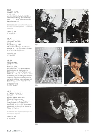 | 115
1823
HANSEL MIETH
(1909-1998)
„Einstein plays in charity Recital“, 1941.
Silbergelatine-Abzug. Wire-Photo. Vin-
tage. 11,7 x 17,8 cm. Verso montierter
Zeitungsausschnitt.
BEIGEGEBEN: 2 weitere Wire-Photos mit
Portraits von Albert Einstein. - Zusammen
3 Abzüge.
CHF 500 / 800
(€ 420 / 670)
1824
ALLAN BALLARD
(1943)
Freddie Mercury, 1977.
Silbergelatine-Abzug auf Barytpapier.
Vintage. 38,1 x 28,2 cm. Verso Photogra-
phen- und Agenturstempel.
CHF 300 / 400
(€ 250 / 330)
1825*
TONY FRANK
(1945)
Bob Dylan, 1966.
Archival Pigment Print aufgezogen auf
Aluminium-Platte. Späterer Abzug.
Bildmass 112 x 74,5 cm; Plattengrösse
123,5 x 86 cm. Rechts unterhalb des Bildes
nummeriert 2/7 und voll signiert. Verso 2
montierte Etiketten mit weiterer Signa-
tur, handschriftlicher Nummerierung und
Bezeichnung, sowie Galerie-Stempel.
CHF 2 500 / 4 000
(€ 2 080 / 3 330)
1826
CAMILLA MORANDI
(XX-XXI)
Michael Jackson, Rom, 1992.
5 Original-Photographien.
Silbergelatine-Abzüge auf Barytpapier.
Vintages. Bildmass je 25,3 x 39 cm;
Blattgrösse 30,3 x 40,5 cm. Verso Agen-
turstempel, handschriftliche Notizen, 1
Abzug voll signiert.
Aufnahmen der Dangerous World Tour in
Rom vom 4. Juli 1992.
CHF 500 / 800
(€ 420 / 670)
1824 1825
1823
1826
 