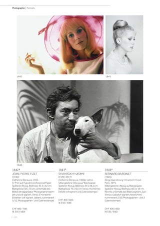 | 120
Photographie | Portraits
1842*
JEAN-PIERRE FIZET
(1942)
Catherine Deneuve, 1965.
C-Print auf Fujicolor professional Paper.
Späterer Abzug. Bildmass 42,5 x 62 cm;
Blattgrösse 50 x 70 cm. Unterhalb des
Bildes blindgeprägter Photographenstem-
pel und voll signiert. Verso 2 montierte
Etiketten voll signiert, datiert, nummeriert
5/10, Photographen- und Galeriestempel.
CHF 400 / 700
(€ 330 / 580)
1843*
SHAHROKH HATAMI
(1930-2017)
Catherine Deneuve, 1960er Jahre.
Silbergelatine-Abzug auf Barytpapier.
Späterer Abzug. Bildmass 59 x 38,2 cm;
Blattgrösse 70 x 50 cm. Verso montiertes
Etikett voll signiert und Galeriestempel.
CHF 400 / 600
(€ 330 / 500)
1844*
BERNARD BARDINET
(1945)
Serge Gainsbourg mit seinem Hund,
Paris, 1975.
Silbergelatine-Abzug auf Barytpapier.
Späterer Abzug. Bildmass 40,5 x 59 cm.
Rechts unterhalb des Bildes signiert „Sas“.
Verso zusätzlich signiert, bezeichnet,
nummeriert 2/20, Photographen- und 2
Galeriestempel.
CHF 400 / 600
(€ 330 / 500)
1842 1843
1844
 