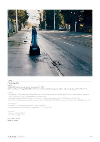 | 145
1898
ERWIN WURM
(1954)
Untitled (Michael Ransburg). Aus der Serie „Hamlet“, 2007.
C-Print auf Diasec. Vintage. 160 x 200 cm. Verso montiertes Etikett mit Legende, Edition 4/5 und Signatur „E. Wurm“. Gerahmt.
Literatur:
- Erwin Wurm. Fat Survival. Handlungsformen der Skulptur. Ausstellungskatalog. Neue Galerie Graz am Landesmuseum Joanneum.
28.01.-31.03.2002. Hrsg. von Peter Weibel. Ostfildern, 2002.
- Gabriella Bussacker, Elisabeth Plessen, et al. Hamlet: von William Shakespeare. Zürich, 2006 (Ausschnitt Abb. S. 11).
- Erwin Wurm. Ausstellungskatalog. Kunstmuseum Bonn. 25.03.2010-06.06.2010. Hrsg. von Bernd Müller. Köln, 2010 (Abb. 270-271).
Ausstellungen:
- Kunsthaus Zürich. Erwin Wurm. Hamlet. 8.3.2007-15.4.2007.
- Kunstmuseum Bonn. Erwin Wurm - Liquid Reality. 25.03. - 06.06.2010.
Provenienz:
- Galerie von Senger, Zürich.
- Privatsammlung Schweiz.
CHF 7 000 / 10 000
(€ 5 830 / 8 330)
 