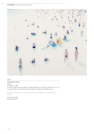 | 158
Photographie | Zeitgenössische Photographie
1917
MASSIMO VITALI
(1944)
Animaletti 1, 2004.
C-Print auf Aluminium unter Diasec. Vintage. Bildmass ca. 70 x 86 cm; Platte 94 x 111 cm.
Aus einer Edition von 35 APs (wie vom Künstler vertrieben ohne Etikett verso).
Provenienz: Gekauft bei der Galerie Ernst Hilger, Wien. Seither in privater Sammlung,
Schweiz.
CHF 5 000 / 8 000
(€ 4 170 / 6 670)
 