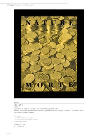 | 166
Photographie | Zeitgenössische Photographie
1928
URS LÜTHI
(1947)
„Nature morte, 1990“. Aus der Serie „Universelle Ordnung“, 1990-1991.
Bemalte Glasscheibe und Silbergelatine-Abzug aufgezogen auf Diasec. Vintage. Ausschnitt 131,5 x 98 cm. Verso
voll signiert und datiert. Gerahmt.
Provenienz:
- Direkt beim Künstler erworben.
- Galerie Blancpain-Stepczynski, Genf.
- Sammlung Schweiz.
CHF 4 000 / 6 000
(€ 3 330 / 5 000)
 