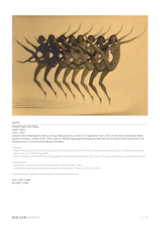 | 39
1674*
FRANTISEK DRTIKOL
(1883-1961)
„Girls“, 1930.
Getönter Bromsilbergelatine-Abzug. Vintage. Blattgrösse 21,5 x 28,5 cm; Trägerkarton 40,1 x 36,7 cm. Rechts unterhalb des Bildes
signiert und datiert „Dritkol 1930“, unten rechts im Bild blindgeprägter Photographenstempel. Verso handschriftlich bezeichnet und
Studioadresse, 2 montierte Ausstellungs-Etiketten.
Literatur:
- Vladimír Birgus und Jan Mlčoch. Tschechische Fotografie des 20. Jahrhunderts. Ausstellungskatalog, Kunst- und Ausstellungshalle
Bonn, 13.3.-26.7.2009. Prag, 2009.
- Kicken, Annette und Rudolf. Drtikol Photographs/ Photographie. Ostfildern, 2012 (vgl. S. 72, abweichende Abb. aus derselben Serie).
Ausstellungen:
- XXVe Salon International d‘art photographique, Paris Oktober 1930.
- Union photographique champenois exposition international, Troyes, 15.-25. Juni 1933.
Provenienz: Seit mehreren Generationen in Privatbesitz Frankreich.
CHF 2 500 / 4 000
(€ 2 080 / 3 330)
 