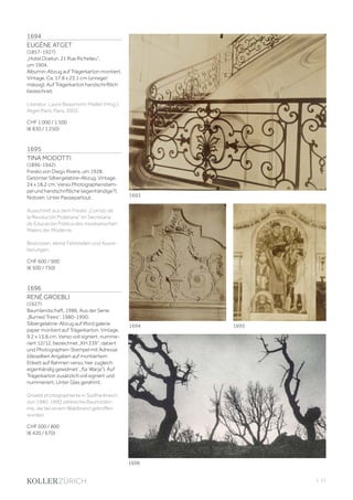 | 51
1694
EUGÈNE ATGET
(1857-1927)
„Hotel Doelun, 21 Rue Richelieu“,
um 1904.
Albumin-Abzug auf Trägerkarton montiert.
Vintage. Ca. 17,8 x 23,1 cm (unregel-
mässig). Auf Trägerkarton handschriftlich
bezeichnet.
Literatur: Laure Beaumont-Maillet (Hrsg.).
Atget Paris. Paris, 2003.
CHF 1 000 / 1 500
(€ 830 / 1 250)
1695
TINA MODOTTI
(1896-1942)
Fresko von Diego Rivera, um 1928.
Getönter Silbergelatine-Abzug. Vintage.
24 x 18,2 cm. Verso Photographenstem-
pel und handschriftliche (eigenhändige?)
Notizen. Unter Passepartout.
Ausschnitt aus dem Fresko „Corrido de
la Revolución Proletaria“ im Secretaria
de Educación Pública des mexikanischen
Malers der Moderne.
Bestossen, kleine Fehlstellen und Aussil-
berungen.
CHF 600 / 900
(€ 500 / 750)
1696
RENÉ GROEBLI
(1927)
Baumlandschaft, 1986. Aus der Serie:
„Burned Trees“, 1980-1990.
Silbergelatine-Abzug auf Ilford galerie
paper montiert auf Trägerkarton. Vintage.
9,2 x 13,8 cm. Verso voll signiert, numme-
riert 12/12, bezeichnet „KH 339“, datiert
und Photographen-Stempel mit Adresse
(dieselben Angaben auf montiertem
Etikett auf Rahmen verso, hier zugleich
eigenhändig gewidmet: „für Warja“). Auf
Trägerkarton zusätzlich voll signiert und
nummeriert. Unter Glas gerahmt.
Groebli photographierte in Südfrankreich
von 1980-1990 zahlreiche Baumstäm-
me, die bei einem Waldbrand getroffen
wurden.
CHF 500 / 800
(€ 420 / 670)
1694
1696
1693
1695
 