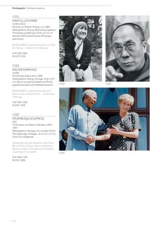 | 62
Photographie | Photojournalismus
1723
MARY ELLEN MARK
(1940-2015)
Portrait von Mutter Teresa, um 1980.
Silbergelatine-Abzug. Wohl etwas späterer
Presseabzug. Bildmass 23,8 x 16 cm. Im
weissen Rand einbelichteter Photogra-
phenname.
BEIGEGEBEN: 4 weitere Portraits von Mut-
ter Teresa. - Zusammen 5 Abzüge.
CHF 500 / 800
(€ 420 / 670)
1724
INGVAR KARMHED
(1946)
Portrait des Dalai Lama, 1988.
Silbergelatine-Abzug. Vintage. 29,8 x 19,7
cm. Verso montiertes Etikett mit Photo-
graphenstempel und Publikationsdatum.
BEIGEGEBEN: 2 weitere Portraits vom
Dalai Lama. Lambda-Prints. - Zusammen
3 Abzüge.
CHF 300 / 500
(€ 250 / 420)
1725
PICAPRESS SICAPRESS
(XX)
10 Portraits von Nelson Mandela, 1994-
1997.
Silbergelatine-Abzüge und Lamdba-Prints.
Presseabzüge. Vintages. Je ca. 25 x 17 cm.
Verso Drucklegende.
Dargestellt sind des weiteren Lady Diana,
Bill und Hilary Clinton, Boris und Barbara
Becker, König Carl Gustaf von Schweden,
sowie Naomi Campbell.
CHF 400 / 700
(€ 330 / 580)
1723 1724
1725
 