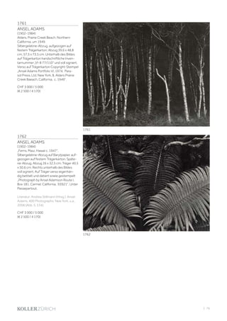 | 79
1761
ANSEL ADAMS
(1902-1984)
Alders, Prairie Creek Beach, Northern
California, um 1949.
Silbergelatine-Abzug, aufgezogen auf
festem Trägerkarton. Abzug 39,6 x 48,8
cm; 57,5 x 73,5 cm. Unterhalb des Bildes
auf Trägerkarton handschriftliche Inven-
tarnummer „VI-8 77/110“ und voll signiert.
Verso auf Trägerkarton Copyright-Stempel
„Ansel Adams Portfolio VI, 1974, Para-
sol Press, Ltd. New York, 8, Alders Prairie
Creek Baeach, California, c. 1949“.
CHF 3 000 / 5 000
(€ 2 500 / 4 170)
1762
ANSEL ADAMS
(1902-1984)
„Ferns, Maui, Hawaii c. 1947“.
Silbergelatine-Abzug auf Barytpapier, auf-
gezogen auf festem Trägerkarton. Späte-
rer Abzug. Abzug 26 x 32,5 cm; Träger 40,5
x 50,6 cm. Rechts unterhalb des Bildes
voll signiert. Auf Träger verso eigenhän-
dig betitelt und datiert sowie gestempelt
„Photograph by Ansel Adamson Route I,
Box 181, Carmel, California, 93921“. Unter
Passepartout.
Literatur: Andrea Stillmann (Hrsg.). Ansel
Adams. 400 Photographs. New York, u.a.,
2008 (Abb. S. 334).
CHF 3 000 / 5 000
(€ 2 500 / 4 170)
1761
1762
 