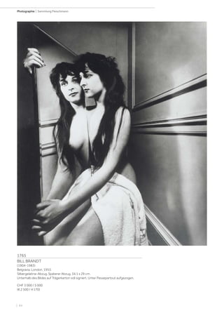 | 84
Photographie | Sammlung Fleischmann
1765
BILL BRANDT
(1904-1983)
Belgravia, London, 1953.
Silbergelatine-Abzug. Späterer Abzug. 34,1 x 29 cm.
Unterhalb des Bildes auf Trägerkarton voll signiert. Unter Passepartout aufgezogen.
CHF 3 000 / 5 000
(€ 2 500 / 4 170)
 