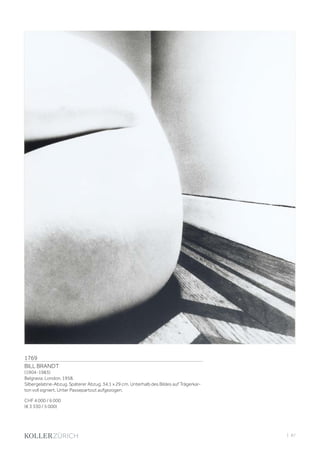 | 87
1769
BILL BRANDT
(1904-1983)
Belgravia, London, 1958.
Silbergelatine-Abzug. Späterer Abzug. 34,1 x 29 cm. Unterhalb des Bildes auf Trägerkar-
ton voll signiert. Unter Passepartout aufgezogen.
CHF 4 000 / 6 000
(€ 3 330 / 5 000)
 
