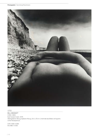 | 90
Photographie | Sammlung Fleischmann
1772
BILL BRANDT
(1904-1983)
East Sussex Coast, 1979.
Silbergelatine-Abzug. Späterer Abzug. 34,1 x 29 cm. Unterhalb des Bildes voll signiert.
Unter Passepartout.
CHF 2 500 / 4 000
(€ 2 080 / 3 330)
 