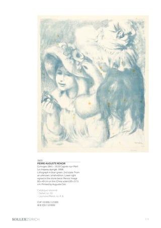 | 5
3605
PIERRE-AUGUSTE RENOIR
(Limoges 1841 - 1919 Cagnes-sur-Mer)
Le chapeau épinglé. 1898.
Lithograph in blue-green, 2nd state. From
an unknown, small edition. Lower right
signed in the stone twice: Renoir. Image
60 x 49 cm on thin Chine volant 69 x 57.5
cm. Printed by Auguste Clot.
Catalogue raisonné:
- Delteil, no. 30.
- Leymarie/Melot, no. R. 8.
CHF 10 000 / 12 000
(€ 8 330 / 10 000)
 