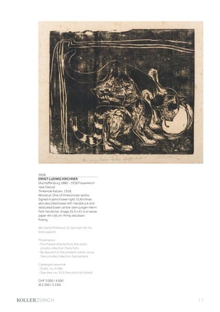 | 7
3608
ERNST LUDWIG KIRCHNER
(Aschaffenburg 1880 - 1938 Frauenkirch
near Davos)
Trinkende Katzen. 1918.
Woodcut. One of three known works.
Signed in pencil lower right: ELKirchner,
also described lower left: Handdruck and
dedicated lower centre: dem jungen Herrn
Fehr herzlichst. Image 35.5 x 41.4 on wove
paper 44 x 56 cm, firmly laid down.
Foxing.
We thank Professor Dr. Gercken for his
kind support.
Provenance:
- Purchased directly from the artist,
private collection Hans Fehr.
- By descent to the present owner, since
then private collection Switzerland.
Catalogue raisonné:
- Dube, no. H 386.
- Gercken, no. 915 (this print not listed).
CHF 3 000 / 4 000
(€ 2 500 / 3 330)
 