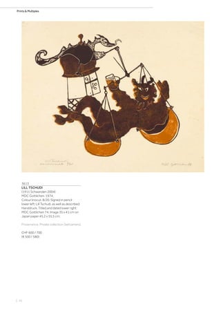 | 10
Prints  Multiples
3613
LILL TSCHUDI
(1911 Schwanden 2004)
MDC Gottlichen. 1974.
Colour linocut. 8/20. Signed in pencil
lower left: Lill Tschudi, as well as described:
Handdruck. Titled and dated lower right:
MDC Gottlichen 74. Image 35 x 41 cm on
Japan paper 45.2 x 55.5 cm.
Provenance: Private collection Switzerland.
CHF 600 / 700
(€ 500 / 580)
 