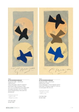 | 25
3632
AFTER GEORGES BRAQUE
(Argenteuil 1882 - 1963 Paris)
Soleil et lune II.
Colour lithograph. 194/275. Signed in
pencil lower right: G. Braque. Image
23.5 x 9 cm on BFK Rives wove paper (with
the watermark) 48.5 x 32.5 cm. Publis-
hed by Maeght Éditeur, Paris (with the
blindstamp).
Catalogue raisonné:
- Vallier, p. 295.
- Maeght, no. 1035.
CHF 500 / 600
(€ 420 / 500)
3633
AFTER GEORGES BRAQUE
(Argenteuil 1882 - 1963 Paris)
Soleil et lune I. 1959.
Colour lithograph. 17/275. Signed in pencil
lower right: G. Braque. Image 21.7 x 9.2 cm
on wove paper 48 x 32.5 cm.
Catalogue raisonné:
- Maeght, no. 1034.
- Vallier, p. 295.
CHF 500 / 600
(€ 420 / 500)
 