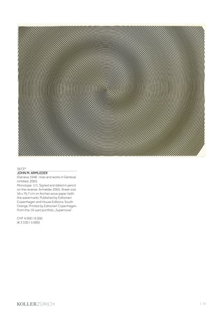 | 53
3673*
JOHN M. ARMLEDER
(Geneva 1948 - lives and works in Geneva)
Untitled. 2003.
Monotype. 1/1. Signed and dated in pencil
on the reverse: Armelder 2003. Sheet size
56 x 76.7 cm on Arches wove paper (with
the watermark). Published by Editionen
Copenhagen and House Editions, South
Orange. Printed by Editionen Copenhagen.
From the 19-part portfolio „Supernova“.
CHF 4 000 / 6 000
(€ 3 330 / 5 000)
 