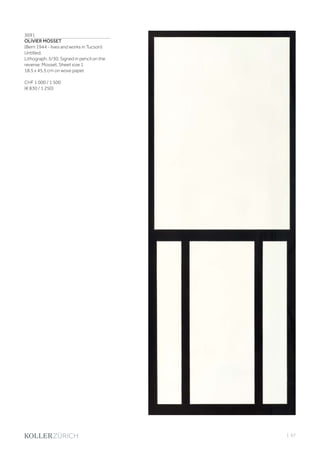 | 67
3691
OLIVIER MOSSET
(Bern 1944 - lives and works in Tucson)
Untitled.
Lithograph. 5/30. Signed in pencil on the
reverse: Mosset. Sheet size 1
18.5 x 45.5 cm on wove paper.
CHF 1 000 / 1 500
(€ 830 / 1 250)
 