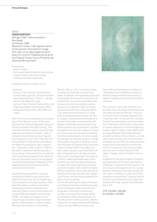 | 74
Prints  Multiples
3701*
FRANZ GERTSCH
(Mörigen 1930 - lives and works in
Rüschegg)
Dominique. 1988.
Woodcut in colour. 7/18. Signed in pencil
on the reverse: Franz Gertsch. Image
234 x 181 cm on Japan paper by Heizo-
buro 275 x 219 cm. Published by the artist
and Turske  Turske, Zurich. Printed by the
artist and Nik Hausmann.
Provenance:
- Artist‘s studio.
- Purchased directly from the artist by the
present owner, since then private
collection Southern Germany.
Catalogue raisonné: Mason, no. 8c.
Literature:
- Exh.cat.: Franz Gertsch. Holzschnitte.
Aus der Natur gerissen, Museum Sinclair-
Haus, Bad Homburg, 10 March - 26 May
2013, no. 8 (different copy).
- Exh.cat.: Franz Gertsch. Holzschnitte und
Malerie auf Papier, Kunstmuseum Bern,
September/November 1994 (different
copy).
With his monumental woodcuts, the Swiss
artist Franz Gertsch is one of the most
important and influential graphic artists of
the second half of the 20th century. „The
intention with the woodcuts was from the
beginning to fulfil an old dream – that of
a realistic monochrome picture“ (quote
Franz Gertsch, in: Exh. Cat.: Franz Gertsch.
Franz Gertsch. Holzschnitte und Malerei
auf Papier Kunstmuseum Bern, Septem-
ber – November 1994, p. 56.). In 1986 he
decided to devote himself exclusively to
the woodcut. At the same time, he did not
wish to eschew the large format, which he
was accustomed to using in his paintings,
and therefore faced the challenge of first
adapting the technical process of the
woodcut to this format.
He primes his grained block, places it
vertically and starts to puncture it with
different hollow rods. As he himself says,
he thus draws out the light surfaces; then
later the shadow surfaces are printed.
Depending on the arrangement and
intensity of the cut points and strokes, he
creates different degrees and intensity
of light; “he builds up a system of dra-
wing through contrasts of light and dark”
(quote. Helmut Fiedel, in: Mason, Rainer
Michael: Franz Gertsch. Holzschnitte,
Munich 1991, p. 115). The priming helps
the artist to check the cut work more
easily. In addition, the repeatedly projected
photograph, which serves as basis for the
composition, is an aid to orientation and
serves as a control during the creative
process, since Gertsch does not make
proof prints while he is cutting the block.
Only when the entire woodcut is ready
does the printing process begin. For this
to happen, the prepared printing block is
placed horizontally, covered evenly with
pigment widthways, protected with sup-
porting boards around the block, and then
the paper to be printed is rolled out. Using
a strong convex lens (instead of a folding
tool) the rubbing begins, for which usually
four people are required, and who change
their position regularly in order to ensure
that the paper is rubbed evenly. Each print
is done by hand. While it can take up to
half a year to prepare a printing block, the
well-rehearsed team can take around a
day to print one large sheet. The paper is
custom-made handmade paper, which
Gertsch sources from Iwano Heizoburo
in Japan; the colour pigments used also
come from Japan. Each motif is printed in
different pigments, which are carefully se-
lected by the artist and with their sequen-
ces of colour and luminosity establish the
basis of a pictorial idea.
In both the paintings as well as the wood-
cuts Gertsch devotes himself exclusively
to the traditional motifs of portrait and
landscape, in that even the portraits
contain a concept of landscape. When
he decided to make only woodcuts, he
first devoted himself to portraits. While in
“Natascha” he experimented with different
blocks and also different colours, and
the motif is not reversed on the block, in
“Dominique” he cut the block so that so
that the image would be reversed (as it
typical in woodcuts) and limited himself to
one block.
Franz Gertsch has a clear scheme in his
portraits: they are always frontal head and
shoulders portraits of women. They are
striking for their incredible detail and mo-
numental scale. “As we see from up close,
Gertsch has developed a structure made
from millimetre-sized strokes, which exist
in a dense sequence on the homogenous
surface. Seen in detail, a clear relationship
emerges between the juxtaposed light
and dark surfaces. From a distance, on the
other hand, and the size of his woodcuts
inevitably calls for this, the individual points
of light are condensed into a luminosity,
which in contrast to the coloured, darker
parts are seen as illuminations of the
object.” (quote. Helmut Friedel, in: ibid. p.
115).
In addition to the way the light is directed,
the expression of the sitter represents a
challenge, as Gertsch himself explains: “As
soon as you photograph a girl, or a young
woman, she wants to portray herself, use
her charm somehow. It is the task of pho-
tography to disrupt that. They just have to
be, just look. My ambition is to depict the
essence of things.” (quote Franz Gertsch,
ibid p. 32)
CHF 120 000 / 180 000
(€ 100 000 / 150 000)
 