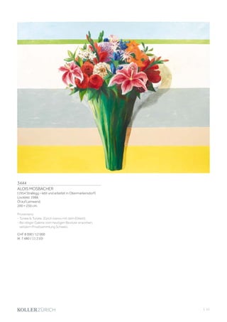 3444
ALOIS MOSBACHER
(1954 Strallegg – lebt und arbeitet in Obermarkersdorf)
Lockbild. 1988.
Öl auf Leinwand.
200 × 250 cm.
Provenienz:
- Turske  Turske, Zürich (verso mit dem Etikett).
- Bei obiger Galerie vom heutigen Besitzer erworben,
seitdem Privatsammlung Schweiz.
CHF 8 000 / 12 000
(€ 7 480 / 11 210)
| 51
 