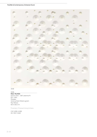 | 122
3438
PAUL TALMAN
(Zürich 1932 - 1987 Ueberstorf)
B12. 1965.
Plexiglas.
Verso auf dem Etikett signiert:
Paul Talman.
60,5 x 60,5 cm.
Provenienz: Privatsammlung Schweiz.
CHF 4 000 / 6 000
(€ 3 700 / 5 560)
3438
PostWar  Contemporary: Schweizer Kunst
 