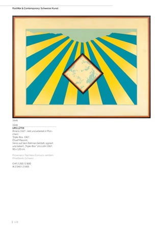 | 128
3446
URS LÜTHI
(Kriens 1947 - lebt und arbeitet in Mün-
chen)
Triple-Box. 1967.
Öl auf Masonit.
Verso auf dem Rahmen betitelt, signiert
und datiert: „Triple-Box“ Urs Lüthi 1967.
90 x 120 cm.
Provenienz: Nachlass Comuzzi, seitdem
Privatbesitz Schweiz.
CHF 2 200 / 2 800
(€ 2 040 / 2 590)
PostWar  Contemporary: Schweizer Kunst
3446
 