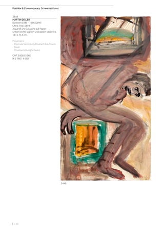 | 130
3448
MARTIN DISLER
(Seewen 1949 - 1996 Genf)
Ohne Titel. 1994.
Aquarell und Gouache auf Papier.
Unten rechts signiert und datiert: disler 94.
141 x 74,5 cm.
Provenienz:
- Ehemals Sammlung Elisabeth Kaufmann,
Basel.
- Privatsammlung Schweiz.
CHF 3 000 / 5 000
(€ 2 780 / 4 630)
PostWar  Contemporary: Schweizer Kunst
3448
 