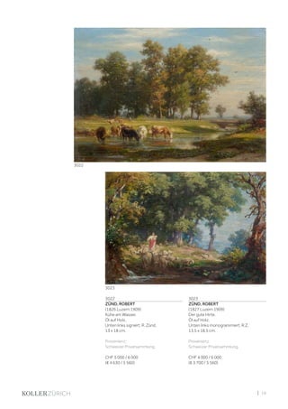 | 19
3022
ZÜND, ROBERT
(1826 Luzern 1909)
Kühe am Wasser.
Öl auf Holz.
Unten links signiert: R. Zünd.
13 x 18 cm.
Provenienz:
Schweizer Privatsammlung.
CHF 5 000 / 6 000
(€ 4 630 / 5 560)
3023
ZÜND, ROBERT
(1827 Luzern 1909)
Der gute Hirte.
Öl auf Holz.
Unten links monogrammiert: R.Z.
13,5 x 18,5 cm.
Provenienz:
Schweizer Privatsammlung.
CHF 4 000 / 6 000
(€ 3 700 / 5 560)
3022
3023
 