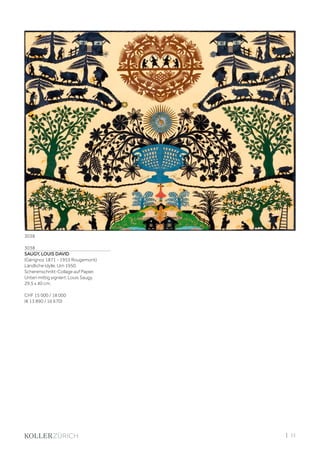 | 33
3038
SAUGY, LOUIS DAVID
(Gérignoz 1871 - 1953 Rougemont)
Ländliche Idylle. Um 1950.
Scherenschnitt-Collage auf Papier.
Unten mittig signiert: Louis Saugy.
29,5 x 40 cm.
CHF 15 000 / 18 000
(€ 13 890 / 16 670)
3038
 