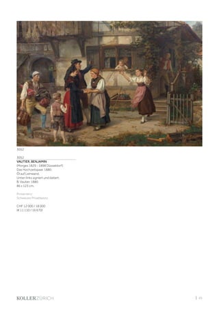 | 45
3052
VAUTIER, BENJAMIN
(Morges 1829 - 1898 Düsseldorf)
Das Hochzeitspaar. 1880.
Öl auf Leinwand.
Unten links signiert und datiert:
B. Vautier. 1880.
86 x 123 cm.
Provenienz:
Schweizer Privatbesitz.
CHF 12 000 / 18 000
(€ 11 110 / 16 670)
3052
 
