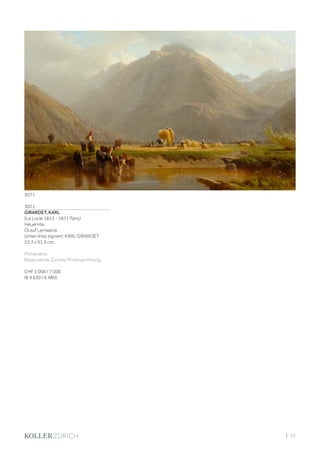 | 55
3071
GIRARDET, KARL
(Le Locle 1813 - 1871 Paris)
Heuernte.
Öl auf Leinwand.
Unten links signiert: KARL GIRARDET.
53,3 x 91,3 cm.
Provenienz:
Bedeutende Zürcher Privatsammlung.
CHF 5 000 / 7 000
(€ 4 630 / 6 480)
3071
 