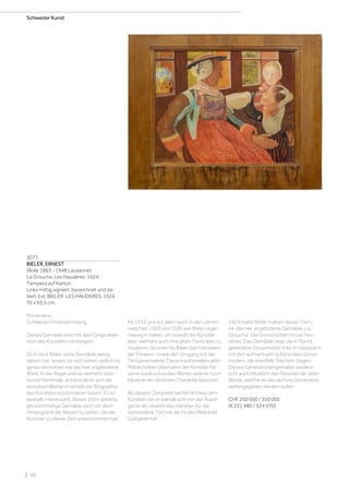 | 60
Schweizer Kunst
3077
BIELER, ERNEST
(Rolle 1863 - 1948 Lausanne)
La Groucha, Les Haudères. 1924.
Tempera auf Karton.
Links mittig signiert, bezeichnet und da-
tiert: Est. BIELER. LES HAUDERES. 1924.
76 x 93,5 cm.
Provenienz:
Schweizer Privatsammlung.
Dieses Gemälde wird mit dem Originalrah-
men des Künstlers versteigert.
Da Ernest Biéler seine Gemälde wenig
datiert hat, lassen sie sich selten zeitlich so
genau einordnen wie das hier angebotene
Werk. In der Regel sind es vielmehr stilis-
tische Merkmale, anhand derer sich die
einzelnen Werke innerhalb der Biographie
des Künstlers positionieren lassen. Es ist
deshalb interessant, dieses 1924 datierte,
grossformatige Gemälde auch vor dem
Hintergrund der Reisen zu sehen, die der
Künstler zu dieser Zeit unternommen hat.
Ab 1913 und vor allem auch in den Jahren
zwischen 1920 und 1930 war Biéler regel-
mässig in Italien, um sowohl die Künstler
aber vielmehr auch ihre alten Techniken zu
studieren. So erlernte Bieler das Handwerk
der Fresken- sowie den Umgang mit der
Temperamalerei. Diese traditionellen alten
Maltechniken übernahm der Künstler für
seine ausdrucksvollen Werke, welche noch
heute einen zeitlosen Charakter besitzen.
Ab diesem Zeitpunkt werfen Kritiker dem
Künstler vor, er wende sich von der Avant-
garde ab, obwohl dies viel eher für die
verwendete Technik als für den Bildinhalt
Gültigkeit hat.
1924 malte Biéler in eben dieser Tech-
nik das hier angebotene Gemälde „La
Groucha“ (die Grossmutter) in Les Hau-
dères. Das Gemälde zeigt die in Tracht
gekleidete Grossmutter links im Gespräch
mit den aufmerksam zuhörenden Gross-
kindern, die ebenfalls Trachten tragen.
Dieses Generationengemälde verdeut-
licht auch Inhaltlich den Respekt der alten
Werte, welche an die nächste Generation
weitergegeben werden sollen.
CHF 250 000 / 350 000
(€ 231 480 / 324 070)
 