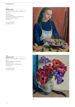 | 80
Schweizer Kunst
3095
BARRAUD, AIME
(La Chaux-de-Fonds 1902 - 1954 Neuen-
burg)
„La bonne“.
Öl auf Leinwand.
Unten links bezeichnet und datiert: „LA
BONNE“ par aimé barraud.
61 x 43 cm.
CHF 7 000 / 9 000
(€ 6 480 / 8 330)
3096
BARRAUD, AIME
(La Chaux-de-Fonds 1902 - 1954 Neuen-
burg)
Blumenstillleben mit Anemonen.
Öl auf Leinwand.
Unten links signiert: aimé. barraud.
50 x 42,5 cm.
CHF 4 800 / 6 000
(€ 4 440 / 5 560)
3095
3096
 
