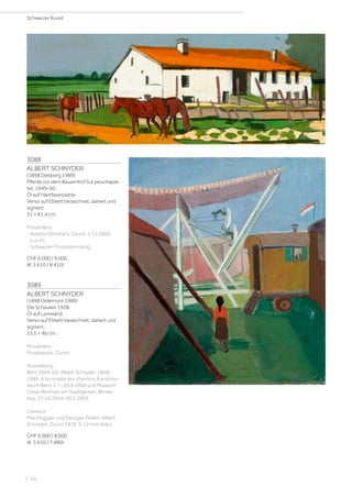 3088
ALBERT SCHNYDER
(1898 Delsberg 1989)
Pferde vor dem Bauernhof (Le peuchapat-
te). 1949–50.
Öl auf Hartfaserplatte.
Verso auf Etikett bezeichnet, datiert und
signiert.
31 × 81,4 cm.
Provenienz:
- Auktion Christie's. Zürich, 5.12.2000,
Los 91.
- Schweizer Privatsammlung.
CHF 6 000 / 9 000
(€ 5 610 / 8 410)
3089
ALBERT SCHNYDER
(1898 Delémont 1989)
Die Schaukel. 1928.
Öl auf Leinwand.
Verso auf Etikett bezeichnet, datiert und
signiert.
53,5 × 46 cm.
Provenienz:
Privatbesitz, Zürich.
Ausstellung:
Bern 2004–05, Albert Schnyder 1898–
1989. A la croisée des chemins, Kunstmu-
seum Bern, 2.7.–26.9.2004 und Museum
Oskar Reinhart am Stadtgarten, Winter-
thur, 27.10.2004–30.1.2005.
Literatur:
Max Huggler und Georges Peillex: Albert
Schnyder, Zürich 1978, S. 12 (mit Abb.).
CHF 6 000 / 8 000
(€ 5 610 / 7 480)
Schweizer Kunst
| 94
 