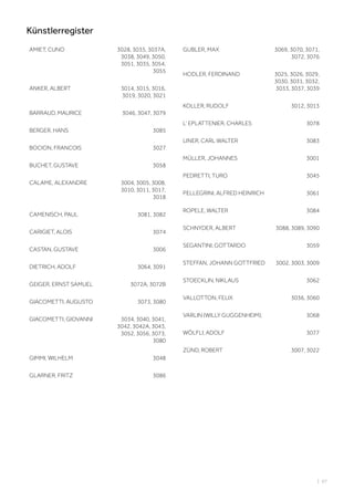 AMIET, CUNO 3028, 3035, 3037A,
3038, 3049, 3050,
3051, 3035, 3054,
3055
ANKER, ALBERT 3014, 3015, 3016,
3019, 3020, 3021
BARRAUD, MAURICE 3046, 3047, 3079
BERGER, HANS 3085
BOCION, FRANCOIS 3027
BUCHET, GUSTAVE 3058
CALAME, ALEXANDRE 3004, 3005, 3008,
3010, 3011, 3017,
3018
CAMENISCH, PAUL 3081, 3082
CARIGIET, ALOIS 3074
CASTAN, GUSTAVE 3006
DIETRICH, ADOLF 3064, 3091
GEIGER, ERNST SAMUEL 3072A, 3072B
GIACOMETTI, AUGUSTO 3073, 3080
GIACOMETTI, GIOVANNI 3034, 3040, 3041,
3042, 3042A, 3043,
3052, 3056, 3073,
3080
GIMMI, WILHELM 3048
GLARNER, FRITZ 3086
GUBLER, MAX 3069, 3070, 3071,
3072, 3076
HODLER, FERDINAND 3025, 3026, 3029,
3030, 3031, 3032,
3033, 3037, 3039
KOLLER, RUDOLF 3012, 3013
L‘ EPLATTENIER, CHARLES 3078
LINER, CARL WALTER 3083
MÜLLER, JOHANNES 3001
PEDRETTI, TURO 3045
PELLEGRINI, ALFRED HEINRICH 3061
ROPELE, WALTER 3084
SCHNYDER, ALBERT 3088, 3089, 3090
SEGANTINI, GOTTARDO 3059
STEFFAN, JOHANN GOTTFRIED 3002, 3003, 3009
STOECKLIN, NIKLAUS 3062
VALLOTTON, FELIX 3036, 3060
VARLIN (WILLY GUGGENHEIM), 3068
WÖLFLI, ADOLF 3077
ZÜND, ROBERT 3007, 3022
| 97
Künstlerregister
 