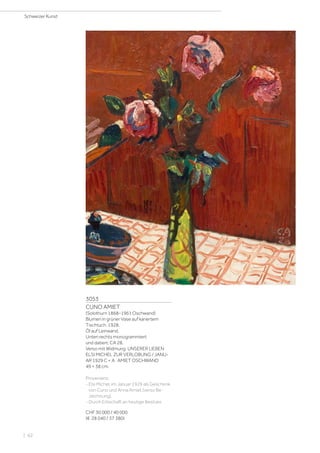 3053
CUNO AMIET
(Solothurn 1868–1961 Oschwand)
Blumen in grüner Vase auf kariertem
Tischtuch. 1928.
Öl auf Leinwand.
Unten rechts monogrammiert
und datiert: CA 28.
Verso mit Widmung: UNSERER LIEBEN
ELSI MICHEL ZUR VERLOBUNG / JANU-
AR 1929 C + A · AMIET OSCHWAND
49 × 38 cm.
Provenienz:
- Elsi Michel, im Januar 1929 als Geschenk
von Cuno und Anna Amiet (verso Be-
zeichnung).
- Durch Erbschaft an heutige Besitzer.
CHF 30 000 / 40 000
(€ 28 040 / 37 380)
Schweizer Kunst
| 62
 