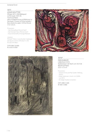 3075
LOUIS SOUTTER
(Morges 1871–1942 Ballaigues)
Le Perroquet. 1923–30.
Tusche auf Papier.
Verso mit Bezeichnung und Widmung: Le
Perroquet / Coussin ou Porte manteau /
Bois colorié et sculpté. / A Mme Monod.
17,5 × 22 cm.
Provenienz:
- Sammlung René Monod, Genf.
- Sammlung E. Roux-Monod, Genf.
- Durch Erbschaft an heutige Besitzer.
Literatur:
Michael Thévoz: Louis Soutter. Catalogue
de l'œuvre, Zürich 1976, Bd. II, S. 49,
Nr. 302 (mit Abb.).
CHF 6 000 / 10 000
(€ 5 610 / 9 350)
3076*
MAX GUBLER
(1898 Zürich 1973)
Stadtstrasse in der Nacht. Um 1917/18.
Bleistift auf Papier.
22,6 × 17,3 cm.
Provenienz:
- Eduard, Ernst und Max Gubler-Stiftung,
Zürich.
- Koller Auktionen, Zürich, 4.12.2009,
Los 3073.
- An obiger Auktion erworben.
CHF 1 000 / 1 500
(€ 930 / 1 400)
Schweizer Kunst
| 84
 