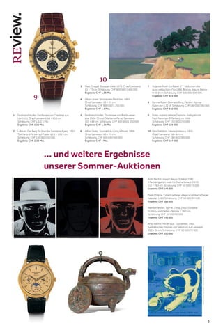 5
1	Ferdinand Hodler. Genfersee von Chexbres aus.
Um 1911. Öl auf Leinwand. 68 × 90,5 cm.
Schätzung: CHF 1,5/2,5 Mio.
Ergebnis: CHF 2,56 Mio.
2	Li Keran. Der Berg Tai Shan bei Sonnenaufgang. 1957.
Tusche und Farben auf Papier. 62,5 × 138,5 cm.
Schätzung: CHF 150 000/250 000.
Ergebnis: CHF 2,39 Mio.
3	Marc Chagall. Bouquet d’été. 1973. Öl auf Leinwand.
92 × 73 cm. Schätzung: CHF 800 000/1 400 000.
Ergebnis: CHF 1,58 Mio.
4	Albert Anker. Strickendes Mädchen. 1885.
Öl auf Leinwand. 66 × 51 cm.
Schätzung: CHF 800 000/1 200 000.
Ergebnis: CHF 1,4 Mio.
5	Ferdinand Hodler. Thunersee von Breitlauenen
aus. 1906. Öl und Ölfarbenstifte auf Leinwand.
103 × 89 cm. Schätzung: CHF 800 000/1 200 000.
Ergebnis: CHF 1,14 Mio.
6	Alfred Sisley. Tournant du Loing à Moret. 1896.
Öl auf Leinwand. 60 × 73 cm.
Schätzung: CHF 600 000/900 000.
Ergebnis: CHF 1 Mio.
7	Auguste Rodin. Le Baiser. 2ème
réduction dite
aussi «réduction n°4». 1886. Bronze, braune Patina.
H 59,8 cm. Schätzung: CHF 300 000/500 000.
Ergebnis: CHF 925 000
8	Burma-Rubin-Diamant-Ring, Péclard. Burma-
Rubin von 5.12 ct. Schätzung: CHF 180 000/280 000.
Ergebnis: CHF 810 000
9	Rolex, extrem seltene Daytona, Gelbgold mit
Paul-Newman-Zifferblatt, ca. 1968.
Schätzung: CHF 150 000/250 000.
Ergebnis: CHF 625 000
10	Félix Vallotton. Falaise à Vasouy. 1910.
Öl auf Leinwand. 58 × 89 cm.
Schätzung: CHF 280 000/380 000.
Ergebnis: CHF 557 000
... und weitere Ergebnisse
unserer Sommer-Auktionen
Andy Warhol. Joseph Beuys (3-teilig). 1980.
3 Farbserigrafien, zwei mit Diamantstaub. 23/90. 
112 × 76,5 cm. Schätzung: CHF 55 000/75 000.
Ergebnis: CHF 146 000
Patek Philippe. Extrem seltener «Beyer» Jubiläums Ewiger
Kalender, 1985. Schätzung: CHF 50 000/90 000.
Ergebnis: CHF 183 000
Weinkanne vom Typ He. China, Zhou-Dynastie,
Frühling- und Herbst-Periode, L 26,5 cm.
Schätzung: CHF 60 000/80 000.
Ergebnis: CHF 195 000
Andy Warhol. Terrier (aus: Toys series). 1983.
Synthetisches Polymer und Siebdruck auf Leinwand.
35,5 × 28 cm. Schätzung: CHF 50 000/70 000.
Ergebnis: CHF 200 000
9
10
©
The
Andy
Warhol
Foundation
for
the
Visual
Arts,
Inc.
/
2021,
ProLitteris,
Zurich
©
The
Andy
Warhol
Foundation
for
the
Visual
Arts,
Inc.
/
2021,
ProLitteris,
Zurich
 