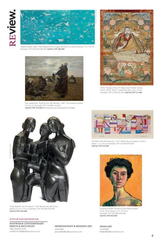 6
Ossip Zadkine. Les trois soeurs. 1926. Bronze with dark brown
patina. 53 × 41 × 22 cm. Estimate: CHF 200 000/300 000.
Sold for CHF 464 000
FOR FURTHER INFORMATION
POSTWAR  CONTEMPORARY
PRINTS  MULTIPLES
Silke Stahlschmidt
stahlschmidt@kollerauctions.com
SWISS ART
Cyril Koller
lkoller@kollerauctions.com
IMPRESSIONIST  MODERN ART
Jara Koller
jara.koller@kollerauctions.com
Max Liebermann. Study for the ‘Net Menders’. 1887. Oil on board on panel.
70 × 91 cm. Estimate: CHF 120 000/150 000.
Sold for CHF 354 000 (Purchased by the Hamburger Kunsthalle)
Ferdinand Hodler. Portrait of Clara Pasche-Battié.
1914. Oil on canvas. 47.5 × 39.5 cm.
Estimate: CHF 350 000/500 000.
Sold for CHF 464 000
A fine Thangka of the 13th
Dalai Lama Thubten Gyatso
(1876–1933). Tibet, 1st
half of the 20th c. 68 × 45 cm.
Estimate: CHF 25 000/35 000. Sold for CHF 511 000
Paul Klee. Côte de Provence 5. 1927. Watercolour on paper on artist’s
board. 11.4 × 32 cm. Estimate: CHF 220 000/300 000.
Sold for CHF 342 000
Alighiero Boetti. Aerei. 1983. Ballpoint pen on paper laid down on canvas (triptych). 70 × 150 cm.
Estimate: CHF 200 000/300 000. Sold for CHF 366 000
©
2021,
ProLitteris,
Zurich
©
2021,
ProLitteris,
Zurich
 