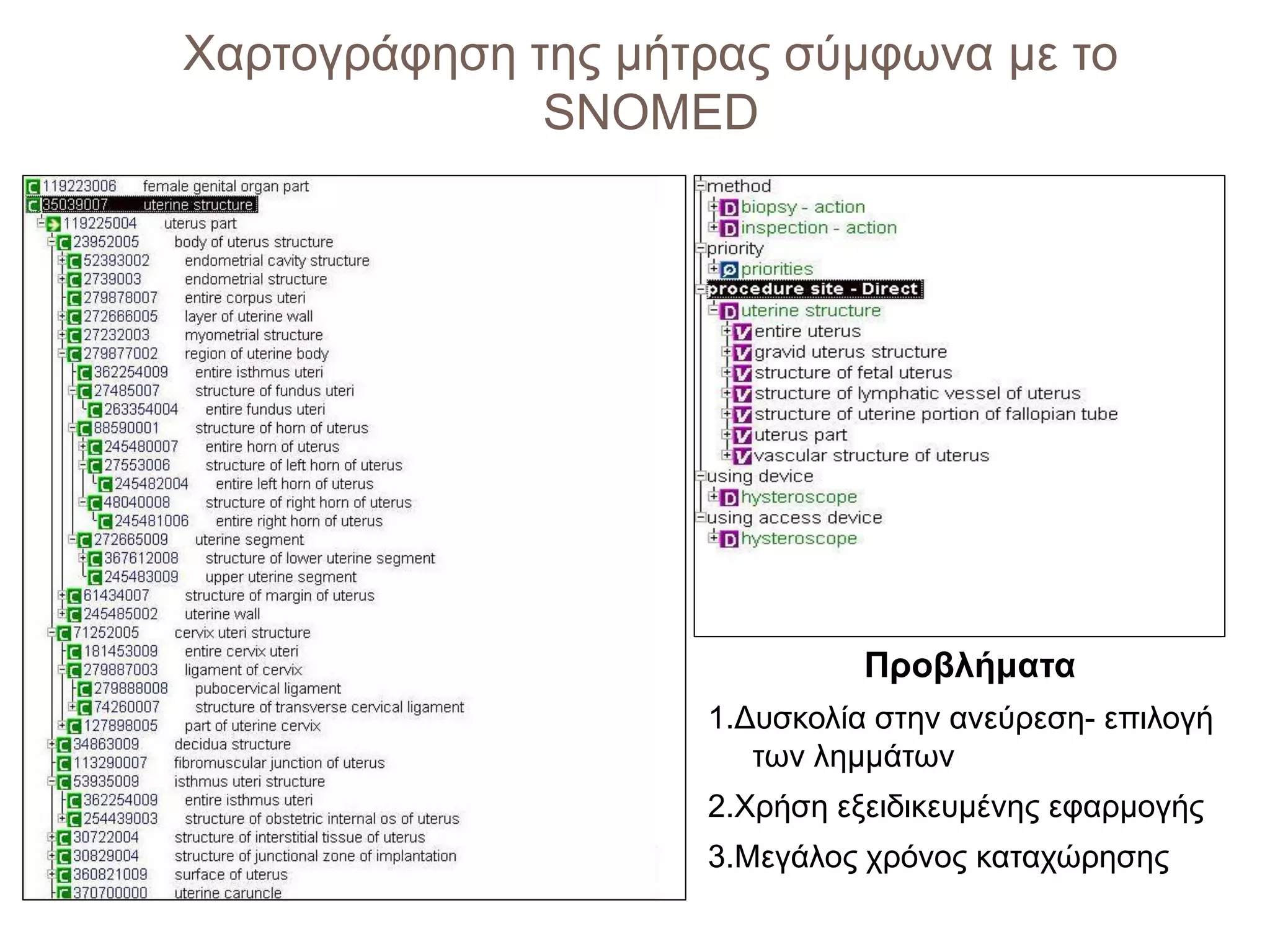 Χαρτογράφηση της μήτρας σύμφωνα με το
              SNOMED




                              Προβλήματα
                    1.Δυσκολία στην ανεύρεση- επιλογή
                       των λημμάτων
                    2.Χρήση εξειδικευμένης εφαρμογής
                    3.Μεγάλος χρόνος καταχώρησης
 