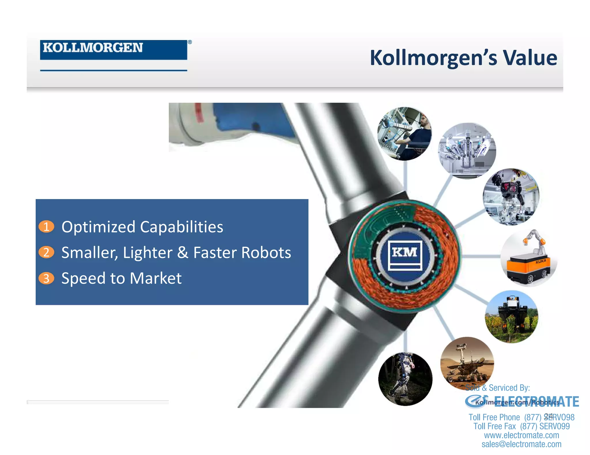 Kollmorgen’s Value
• Optimized Capabilities
• Smaller, Lighter & Faster Robots
• Speed to Market
24
1
2
3
sales@electromate.com
www.electromate.com
ELECTROMATE
Toll Free Phone (877) SERVO98
Toll Free Fax (877) SERV099
www.electromate.com
sales@electromate.com
Sold & Serviced By:
 