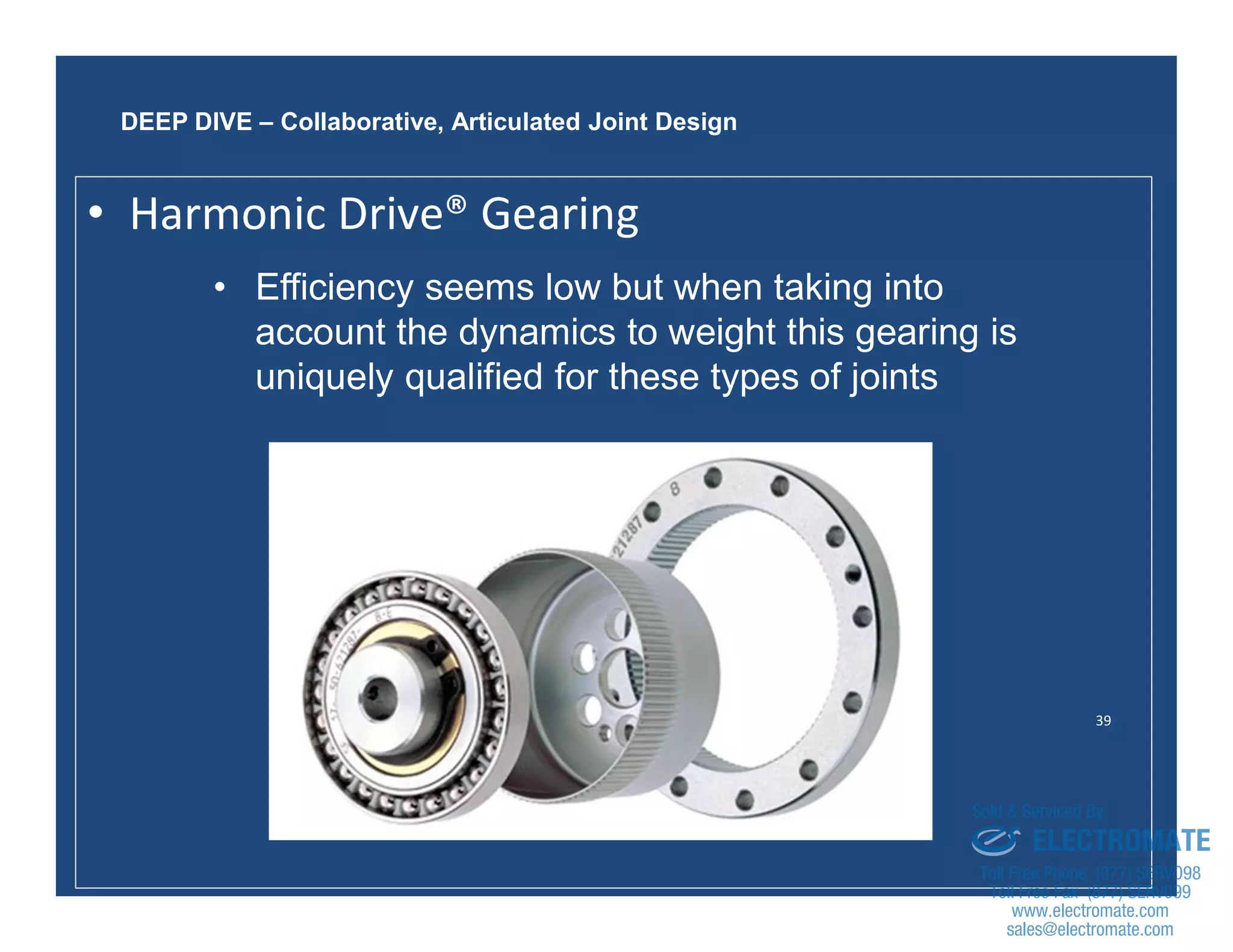 39
• Efficiency seems low but when taking into
account the dynamics to weight this gearing is
uniquely qualified for these types of joints
DEEP DIVE – Collaborative, Articulated Joint Design
• Harmonic Drive® Gearing
sales@electromate.com
www.electromate.com
ELECTROMATE
Toll Free Phone (877) SERVO98
Toll Free Fax (877) SERV099
www.electromate.com
sales@electromate.com
Sold & Serviced By:
 