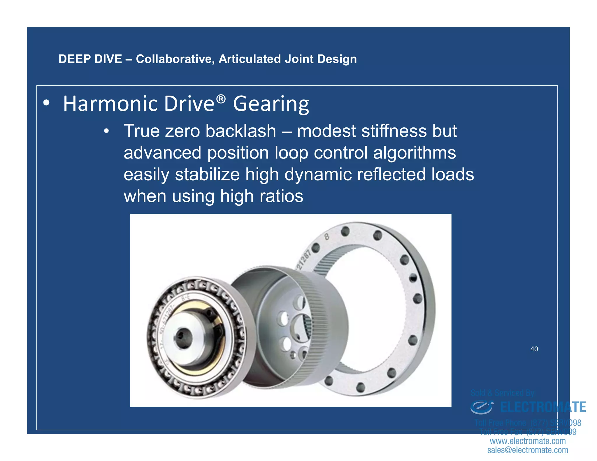 40
• True zero backlash – modest stiffness but
advanced position loop control algorithms
easily stabilize high dynamic reflected loads
when using high ratios
DEEP DIVE – Collaborative, Articulated Joint Design
• Harmonic Drive® Gearing
sales@electromate.com
www.electromate.com
ELECTROMATE
Toll Free Phone (877) SERVO98
Toll Free Fax (877) SERV099
www.electromate.com
sales@electromate.com
Sold & Serviced By:
 