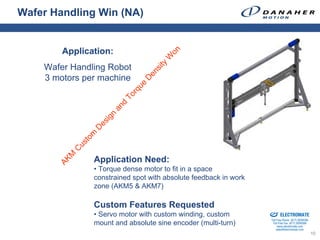 Wafer Handling Win (NA)


        Application:




                                           on
                                          W
                                         ty
    Wafer Handling Robot




                                       si
                                    en
    3 motors per machine




                                   D
                                  ue
                                rq
                              To
                              d
                            an
                          n
                        ig
                       es
                    D
                   m
               to
              us
          C
          M




                    Application Need:
       AK




                    • Torque dense motor to fit in a space
                    constrained spot with absolute feedback in work
                    zone (AKM5 & AKM7)

                    Custom Features Requested                         Sold & Serviced By:



                    • Servo motor with custom winding, custom                               ELECTROMATE
                                                                                     Toll Free Phone (877) SERVO98
                    mount and absolute sine encoder (multi-turn)                      Toll Free Fax (877) SERV099
                                                                                           www.electromate.com
                                                                                          sales@electromate.com
                                                                                                                     10
 