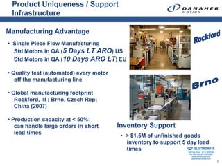 Product Uniqueness / Support
 Infrastructure

Manufacturing Advantage
• Single Piece Flow Manufacturing
  Std Motors in QA (5 Days LT ARO) US
  Std Motors in QA (10 Days ARO LT) EU

• Quality test (automated) every motor
   off the manufacturing line

• Global manufacturing footprint
   Rockford, Ill ; Brno, Czech Rep;
   China (2007)

• Production capacity at < 50%;
   can handle large orders in short      Inventory Support
   lead-times
                                          • > $1.5M of unfinished goods
                                            inventory to support 5 day lead
                                                                 Sold & Serviced By:



                                            times                    ELECTROMATE
                                                                                Toll Free Phone (877) SERVO98
                                                                                 Toll Free Fax (877) SERV099
                                                                                      www.electromate.com
                                                                                     sales@electromate.com
                                                                                                                6
 