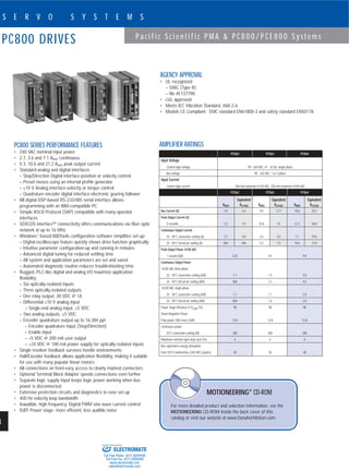 18
S E R V O S Y S T E M S
P a c i f i c S c i e n t i f i c P M A & P C 8 0 0 / P C E 8 0 0 S y s t e m s
PC800 DRIVES
www.DanaherMotion.com•815-226-2222
PC800 SERIES PERFORMANCE FEATURES
• 240 VAC nominal input power
• 2.7, 3.6 and 7.1 ARMS continuous
• 5.3, 10.6 and 21.2 ARMS peak output current
• Standard analog and digital interfaces
– Step/Direction Digital interface-position or velocity control
– Preset moves using an internal profile generator
– ±10 V Analog interface-velocity or torque control
– Quadrature encoder digital interface-electronic gearing follower
• All digital DSP-based RS-232/485 serial interface allows
programming with an IBM-compatible PC
• Simple ASCII Protocol (SAP) compatible with many operator
interfaces
• SERCOS interface™ connectivity offers communications via fiber optic
network at up to 16 MHz
• Windows®
-based 800Tools configuration software simplifies set-up:
– Digital oscilloscope feature quickly shows drive function graphically
– Intuitive parameter configuration-up and running in minutes
– Advanced digital tuning for reduced settling time
– All system and application parameters are set and saved
– Automated diagnostic routine reduces troubleshooting time
• Rugged, PLC-like digital and analog I/O maximize application
flexibility:
– Six optically-isolated inputs
– Three optically-isolated outputs
– One relay output, 30 VDC @ 1A
– Differential ±10 V analog input
– Single-end analog input, ±5 VDC
– Two analog outputs, ±5 VDC
– Encoder quadrature output-up to 16,384 ppr
– Encoder quadrature input (Step/Direction)
– Enable input
– +5 VDC @ 200 mA user output
– +24 VDC @ 100 mA power supply for optically-isolated inputs
• Single resolver feedback survives hostile environments
• Hall/Encoder feedback allows application flexibility, making it suitable
for use with many popular linear motors
• All connections on front-easy access to clearly marked connectors
• Optional Terminal Block Adapter speeds connections even further
• Separate logic supply input keeps logic power working when bus
power is disconnected
• Extensive protection circuits and diagnostics to ease set-up
• 400 Hz velocity loop bandwidth
• Inaudible, high frequency, Digital PWM sine wave current control
• IGBT Power stage- more efficient, less audible noise
AGENCY APPROVAL
• UL recognized
– 508C (Type R)
– file #E137798
• cUL approved
• Meets IEC Vibration Standard, #68-2-6
• Models CE Compliant: EMC standard EN61800-3 and safety standard EN50178
PC8x2 PC8x3 PC8x4
Input Voltage
Control logic voltage 90 - 264 VAC, 47 - 63 Hz, single phase
Bus voltage 90 - 264 VAC, 1 or 3-phase
Input Current
Control logic current 500 mA maximum @120 VAC, 250 mA maximum @240 VAC
PC8x2 PC8x3 PC8x4
Equivalent Equivalent Equivalent
ARMS A0-PEAK ARMS A0-PEAK ARMS A0-PEAK
Bus Current (A) 4.5 6.4 9.0 12.7 18.0 25.5
Peak Output Current (A)
5 seconds 5.3 7.5 10.6 15 21.2 30.0
Continuous Output Current
25 - 40°C convection cooling (A) 2.7 0.8 3.6 5.0 7.1 10.0
25 - 40°C forced air cooling (A) N/A N/A 5.3 7.5 10.6 15.0
Peak Output Power @240 VAC
1 second (kW) 2.25 4.5 9.0
Continuous Output Power
@240 VAC three phase
25 - 40°C convection cooling (kW) 1.1 1.5 3.0
25 - 40°C forced air cooling (kW) N/A 2.2 4.5
@240 VAC single phase
25 - 40°C convection cooling (kW) 1.1 1.1 2.0
25 - 40°C forced air cooling (kW) N/A 1.6 2.0
Power Stage Efficiency @ PCONT (%) 98 98 98
Shunt Regulator Power
Peak power (300 msec) (kW) 12.8 12.8 12.8
Continuous power
25°C convection cooling (W) 200 200 200
Maximum external regen duty cycle (%) 6 6 6
Bus capacitance energy absorption
from 320 V nominal bus (240 VAC) (joules) 20 30 40
AMPLIFIER RATINGS
MOTIONEERING®
CD-ROM
For more detailed product and selection information, see the
MOTIONEERING CD-ROM inside the back cover of this
catalog or visit our website at www.DanaherMotion.com.
ELECTROMATE
Toll Free Phone (877) SERVO98
Toll Free Fax (877) SERV099
www.electromate.com
sales@electromate.com
Sold & Serviced By:
 