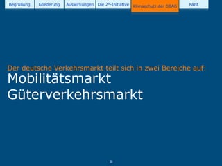 Begrüßung   Gliederung   Auswirkungen   Die 2°-Initiative   Klimaschutz der DBAG   Fazit




Der deutsche Verkehrsmarkt teilt sich in zwei Bereiche auf:
Mobilitätsmarkt
Güterverkehrsmarkt



                                              20
 