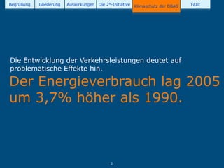 Begrüßung   Gliederung   Auswirkungen   Die 2°-Initiative   Klimaschutz der DBAG   Fazit




Die Entwicklung der Verkehrsleistungen deutet auf
problematische Effekte hin.

Der Energieverbrauch lag 2005
um 3,7% höher als 1990.



                                              23
 