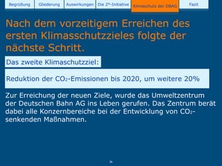 Begrüßung   Gliederung   Auswirkungen   Die 2°-Initiative   Klimaschutz der DBAG   Fazit




Nach dem vorzeitigem Erreichen des
ersten Klimasschutzzieles folgte der
nächste Schritt.
Das zweite Klimaschutzziel:

Reduktion der CO2-Emissionen bis 2020, um weitere 20%

Zur Erreichung der neuen Ziele, wurde das Umweltzentrum
der Deutschen Bahn AG ins Leben gerufen. Das Zentrum berät
dabei alle Konzernbereiche bei der Entwicklung von CO2-
senkenden Maßnahmen.




                                               26
 