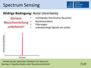 Herleitung des optimalen Detektors für Spectrum
Sensing in Cognitive Radio unter Rauschunsicherheit 7|19
Spectrum Sensing
Widrige Bedingung: Noise Uncertainty
• nichtideales thermisches Rauschen
• Nichtlinearitäten
• Filterungen
• unbeabsichtige Signale von außen
Genaue
Rauschverteilung
unbekannt!
 